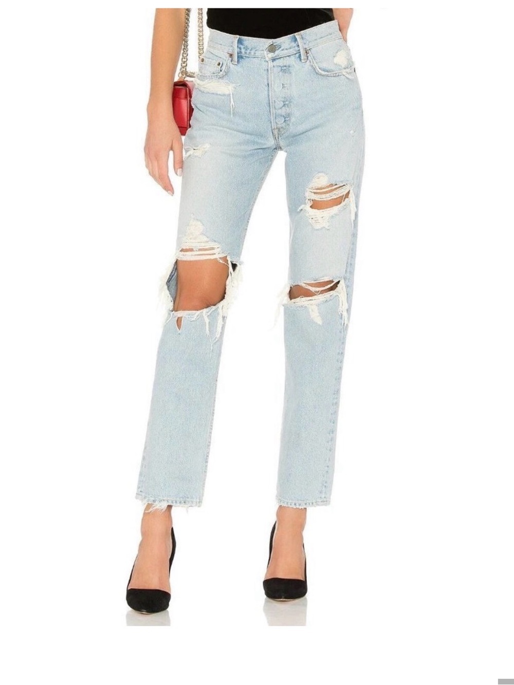 GRLFRND Helena Light Blue Distressed Straight-Leg Jeans NWT Size 25.